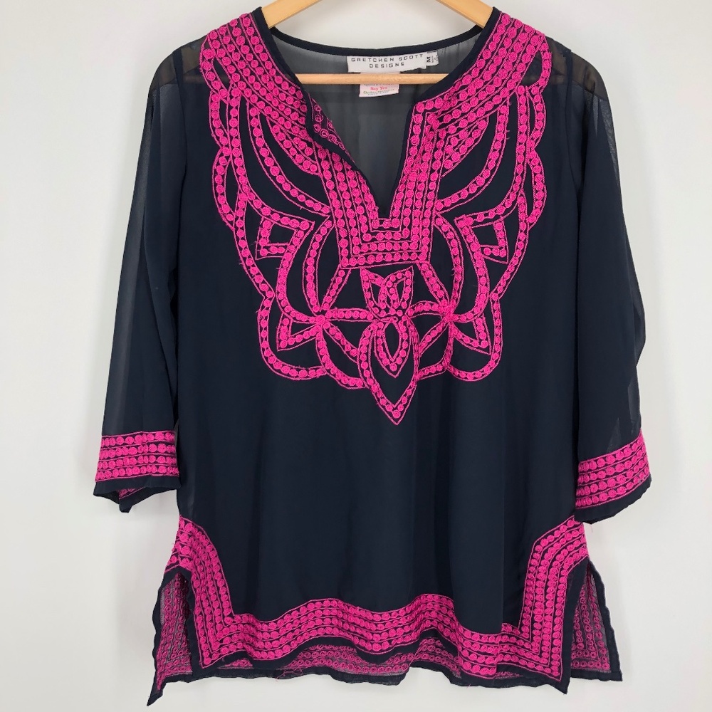 Gretchen Scott Designs Womens Blouse Size Medium Embroidered Sheer Blue Pink‎